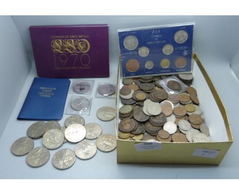 A 1970 GB and NI coin set, one other coin set, First Decimal Coins, commemorative crowns, other coins and 19g of half silver 