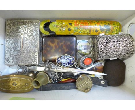 A silver plated box containing cuff links, studs, plus letter openers and trinket pots, etc. 