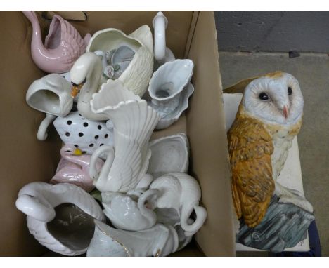 A box of ceramic swan figures, vases and a Leonardo owl **PLEASE NOTE THIS LOT IS NOT ELIGIBLE FOR POSTING AND PACKING** 