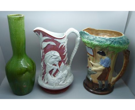 A Victorian pitcher with registration lozenge to base, impressed mark Gibbs &amp; Son, a green Bretby style vase and a Burlin