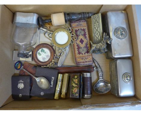 Assorted items including two glass trinket boxes with cat detail to the lids, lipsticks, spoons, etc. 