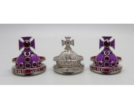 Three silver Vivienne Westwood rings, two enamelled and one gem set, 2x P and one R 