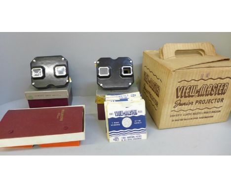 A Viewmaster projector, two Viewmasters and reels 