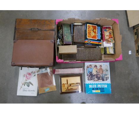 Assorted items; two silver salt spoons, flatware, horse brasses, a Blue Peter jigsaw puzzle, English Rose nylons, pocket kniv
