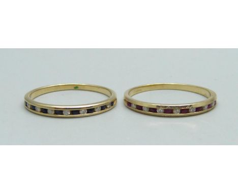 A 14ct gold, ruby and diamond ring and a 14ct gold, sapphire and diamond ring, 2.4g, both size M 