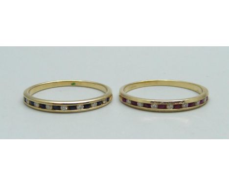 A 14ct gold, ruby and diamond ring and a 14ct gold, sapphire and diamond ring, 2.4g, both size M 