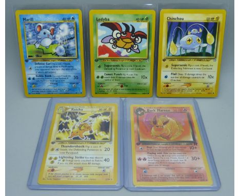 Five first edition Pokemon cards 