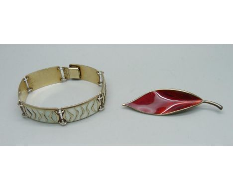 A David Andersen silver and enamel bracelet and a David Andersen silver and enamel leaf brooch 