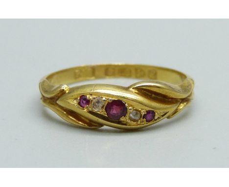 An Edward VII 18ct gold, diamond and ruby ring, Chester 1904, 1.7g, N 