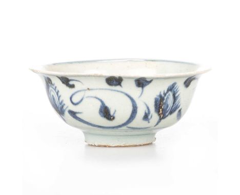 A CHINESE BLUE AND WHITE FLORAL SCROLL MINYAO BOWL, ZHENGTONG (1435-1467) with flared rim and shallow foot ring, the inside h