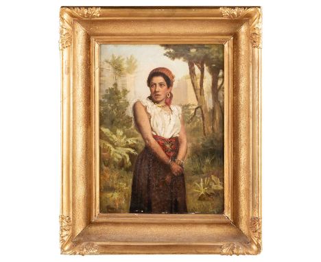 19TH CENTURY EUROPEAN SCHOOL PORTRAIT OF A CARIBBEAN GIRL STANDING IN A LANDSCAPE  Indistinctly signed lower left, c.1890Oil 
