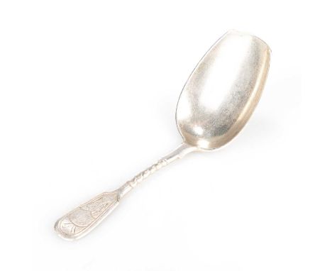 A RUSSIAN SILVER CADDY SPOON assayed by Anatoly Apollonovich Artsybashev, Moscow 1891, with engraved decoration to the termin