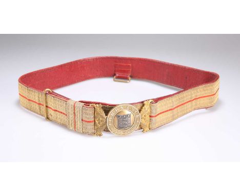 A VICTORIAN OFFICERS FULL DRESS SWORD BELT OF THE ORDNANCE DEPARTMENT red leather with gilt lace and red line facing, the gil