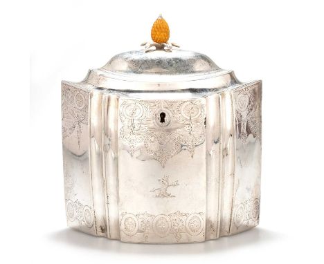 A GEORGE III SILVER TEA CADDY by Peter &amp; Ann Bateman, London 1795, of large size, of shaped pointed oval form, the hinged