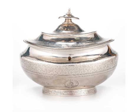 A GEORGE III SILVER TEA CADDY by Robert Hennell I &amp; Samuel Hennell, London 1807, shaped oval form, the hinged cover with 