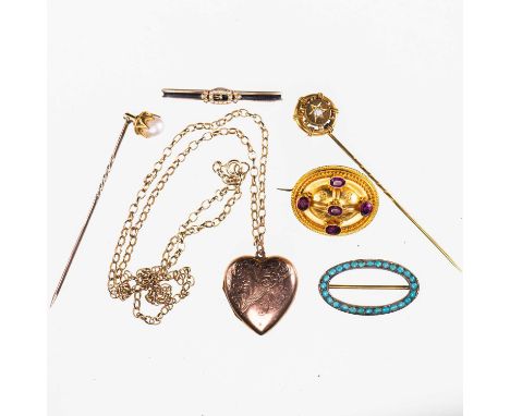 A GROUP OF VICTORIAN JEWELLERY comprising AN ETRUSCAN REVIVAL GARNET BROOCH, with glazed back, unmarked, 2.3cm by 2.7cm, 4.5 