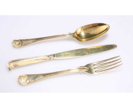THREE PIECES OF GEORGE IV SILVER-GILT CHRISTENING CUTLERY the Thread and Shell pattern fork and spoon, by William Eley I &amp