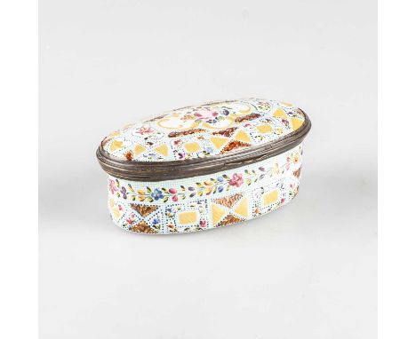 A BILSTON ENAMEL SNUFF BOX, CIRCA 1770 oval form, decorated with a green gingham ground and flowers. 9.6cm wideIn generally g