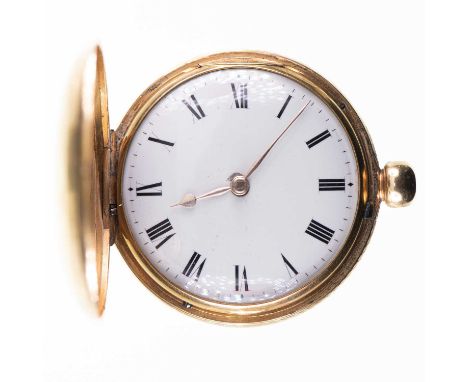 AN 18CT GOLD FULL HUNTER POCKET WATCH circular white enamel dial with gilt hands, black Roman indices with minute markers bet