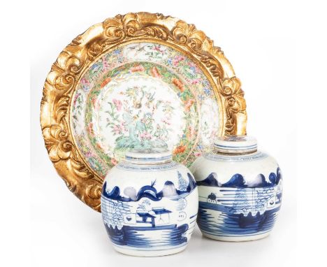 A PAIR OF CHINESE BLUE AND WHITE PORCELAIN GINGER JARS AND COVERS; AND A CANTONESE FAMILLE ROSE DISH the ginger jars undergla