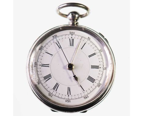 A SILVER CENTRE SECONDS CHRONOGRAPH POCKET WATCH the circular white enamel dial with black Roman index and outer minute track