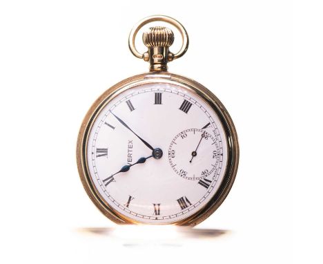 A 9CT GOLD VERTEX HALF HUNTER POCKET WATCH  circular white enamel dial signed Vertex, blued steel hands, black Roman index wi