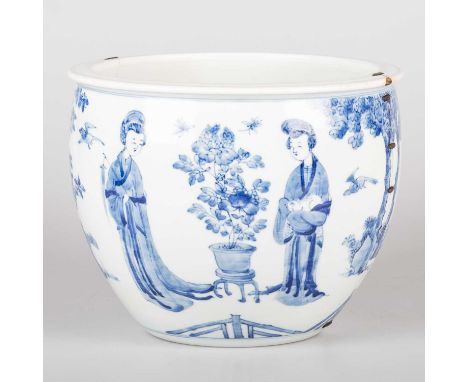 A CHINESE BLUE AND WHITE JARDINIÈRE, KANGXI PERIOD underglaze blue painted with figures and birds in a garden, (stapled). 18c