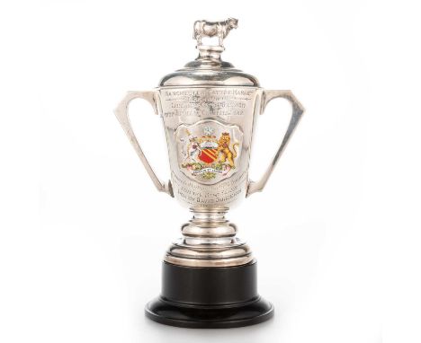 A GEORGE V SILVER AND ENAMEL TWO-HANDLED TROPHY CUP by Walker &amp; Hall, Sheffield 1936, with angular handles and a domed co