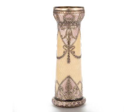 A GERMAN SILVER GUILLOCHÉ ENAMEL BUD VASE makers mark indistinct, 900 silver, cylindrical with a bulbous upper section to the