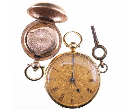 AN 18CT GOLD POCKET WATCH AND A GOLD PLATED SOVEREIGN CASE circular gilt dial with scroll decorated centre, blued steel hands