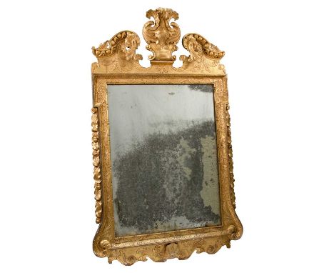 A GEORGE II STYLE GILT-GESSO MIRROR the rectangular plate within a leaf and foliate border, with rocaille cresting. 116cm hig