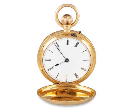 AN 18CT GOLD HUNTER FOB WATCH circular white enamel dial with blued steel hands and black Roman indices with outer minute tra