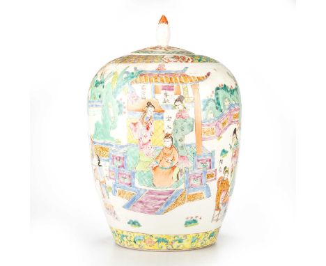 A CHINESE JAR AND COVER, LATE QING DYNASTY the tall ovoid body enamel painted with figures within a zig-zag fence. 30cm high