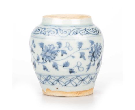 A CHINESE BLUE AND WHITE 'CHRYSANTHEMUM' JARLET, YUAN DYNASTY (1271-1368) decorated with a classic scroll below the unglazed 