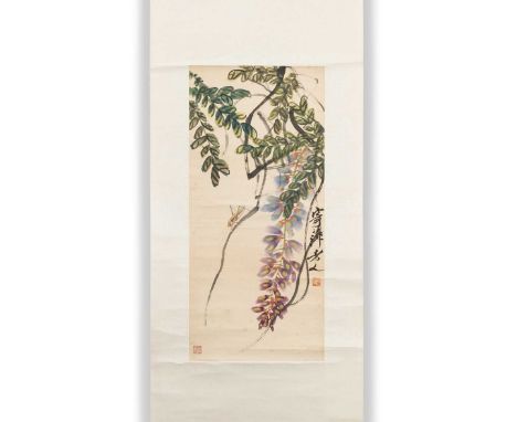 QI BAISHI (1864-1957), WISTERIA AND GRASSHOPPER  ink and colour on paper, mounted as a hanging scrollSigned Jiping Laoren, wi