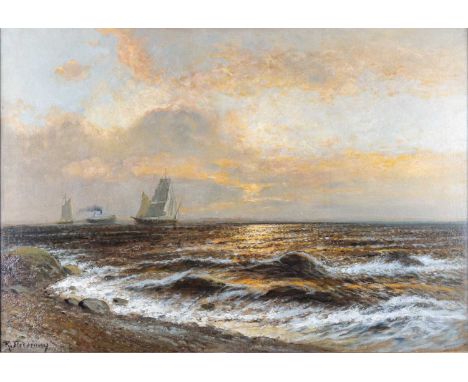 R RESSULLAY? (LATE 19TH CENTURY) SHIPS AND A STEAMER OFF THE COAST AT SUNSET  Indistinctly signedOil on canvas   63cm x 91cm