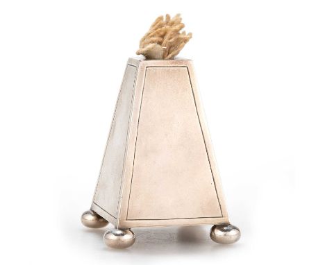 A GEORGE V SILVER TABLE LIGHTER by Lawrence Emanuel, Birmingham 1912, of pyramid form with bun feet. 6cm high, 1.1 troy ounce