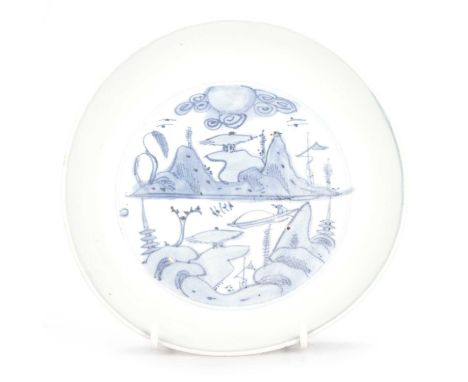 A CHINESE BLUE AND WHITE LANDSCAPE DISH, WANLI (1572-1620) the large dish with a shallow foot ring, the inside having an unde