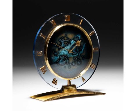 AN IMHOF 'ZODIAC' CLOCK with enamel dial, no. 919419. 18cm highAppears to be running correctly but is unwarranted. Some wear 