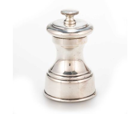 A GEORGE V SILVER PEPPER GRINDER by William Hutton &amp; Sons Ltd, Birmingham 1920, of plain waisted form. 7.1cm high, 3 troy