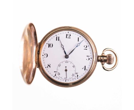 A 9CT GOLD FULL HUNTER POCKET WATCH  circular white enamel dial with blued steel hands, black roman indices with outer minute