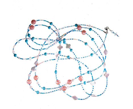 AN EXTENSIVE GEMSTONE BEAD NECKLACE comprising faceted and smooth polished turquoise, aquamarine, apatite, rose quartz and op