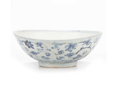 A CHINESE BLUE AND WHITE BUDDHIST PRECIOUS OBJECTS BOWL, JIAJING (1521-1567) with shallow foot ring, the inside having an und