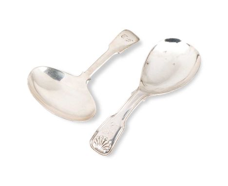 TWO 19TH CENTURY SILVER CADDY SPOONS the first by Joseph Willmore, Birmingham 1816, Fiddle pattern with wide oval bowl, initi