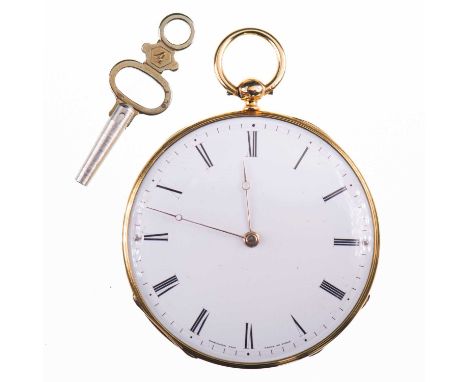 AN 18CT GOLD OPEN FACED POCKET WATCH  circular white enamel dial with gilt hands and black roman indices with minute markers 