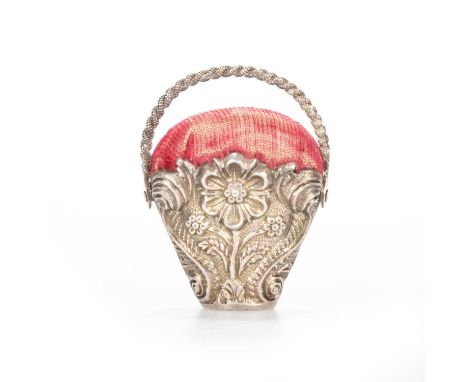 A GEORGIAN NOVELTY PINCUSHION  unmarked, in the form of a basket of flowers, with a red cushion. 3.5cm highGood condition, li