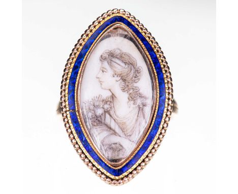 A GEORGIAN MOURNING RING the navette bezel containing a sepia portrait of a classical female holding a bunch of flowers, with