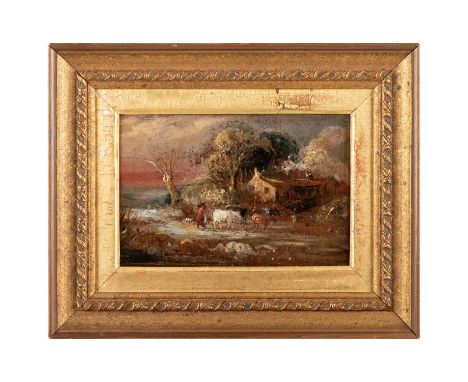 MID 19TH CENTURY ENGLISH SCHOOL OIL SKETCH OF A WOMAN DRIVING HER CATTLE Oil on metal10.5cm x 16cm