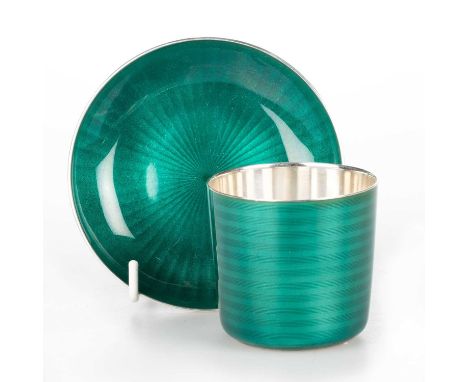 A NORWEGIAN STERLING SILVER AND GUILLOCHÉ ENAMEL CUP AND SAUCER, MID-20TH CENTURY by David-Andersen, Oslo, '925S' grade, fill