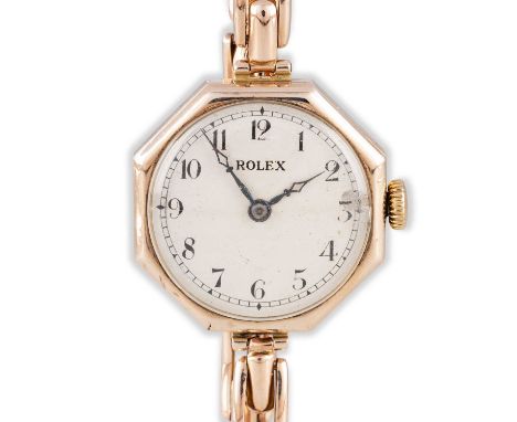 A LADY'S 9CT ROLEX BRACELET WATCH circular ivory dial with blued steel hands and Arabic index with outer minute track, octago